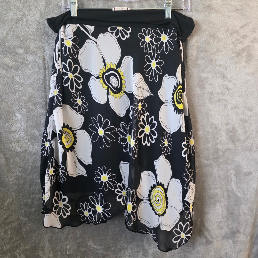 Soulmates Y2k Floral Midi Skirt Black White Yellow Asymmetrical Chiffon Large